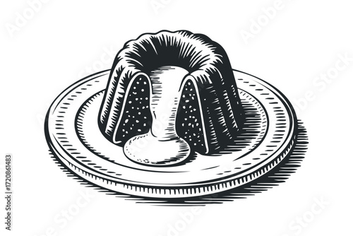 Bundt cake with drizzled sauce on plate. Vector hand drawn illustration