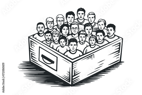 Group of people packed tightly inside a wooden crate. Vector hand drawn illustration