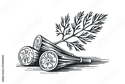 Woodcut Style Dill and Citrus Slices. Vector hand drawn illustration