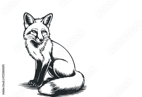 Black and White Fox Sitting in a Stylized Landscape. Vector hand drawn illustration