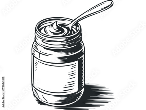 Jar with Spoon and Creamy Substance. Vector hand drawn illustration