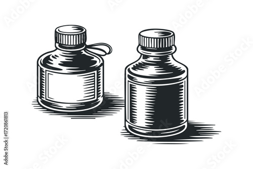Two old bottles with caps and labels isolated on white background. Vector hand drawn illustration