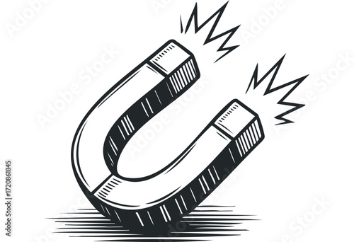 Drawing of a Horseshoe Magnet Showing Magnetic Force. Vector hand drawn illustration
