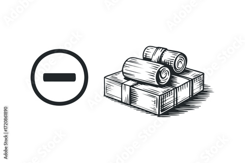 Prohibition symbol with stacked papers and rolled documents. Vector hand drawn illustration