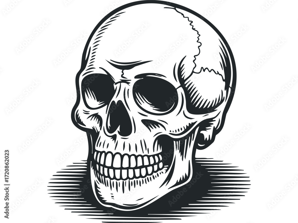 Fototapeta premium Black and White Skull with Hatch Mark Shadow. Vector hand drawn illustration