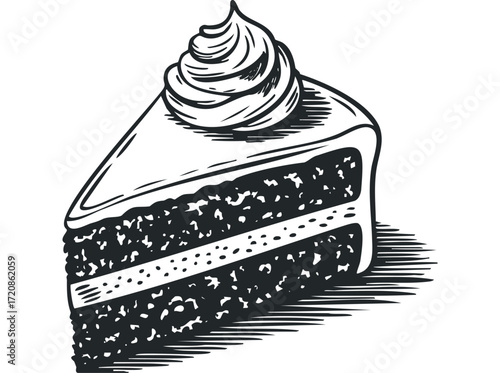 Sketch of a Slice of Layered Cake with Swirled Frosting. Vector hand drawn illustration