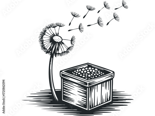 Dandelion seed dispersal from a box. Vector hand drawn illustration