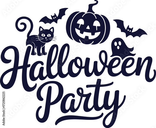 halloween party design. pumpkin jack o lantern with ghost bat and black cat vector illustration