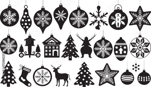 Christmas ornaments snowflakes trees reindeer and buildings