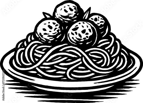 Detailed black and white illustration of spaghetti and meatballs served on a plate, ideal for culinary themes and vintage designs. The artwork showcases classic pasta dish.