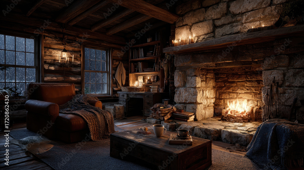 Fototapeta premium Cozy rustic cabin interior with warm stone fireplace, leather armchair, and wooden furniture. Snow falls outside window, creating serene winter atmosphere. Candles add soft glow