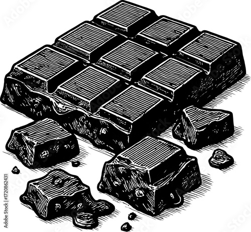 Illustration of a dark chocolate bar with broken pieces. The image features textured shading and a simple design, perfect for use as a graphic element.