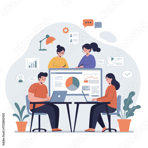 Vector Illustration of Business Meeting with Data Charts and Team Collaboration in Modern Flat Style in Blue Orange and Green Colors