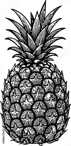 A detailed black and white drawing of a pineapple, highlighting its scaly texture and spiky leaves, ideal for botanical or tropical designs.