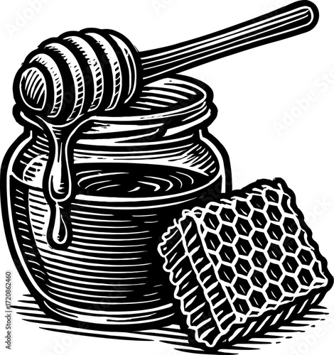 Detailed Black and White Engraving of Honey Jar with Dipper and Honeycomb