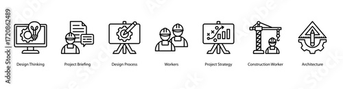 Creative Development web banner icon vector illustration featuring Design Thinking, Project Briefing, Design Process, Workers, Project Strategy, Construction Worker, and Architecture.