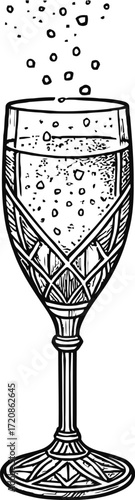Black and white graphic of a champagne flute with bubbles. The illustration features an elegant glass design perfect for conveying celebration or luxury. It is a simple yet stylish visual element.