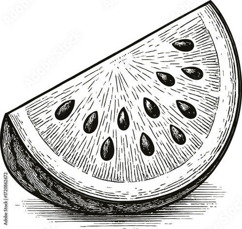 A detailed black and white illustration of a single slice of watermelon, showcasing its seeds and juicy texture. Ideal for designs needing a fresh, natural, and vintage touch.