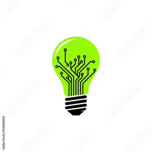 Bright green lightbulb with integrated circuit design for innovative technology concepts, digital solutions and green energy, originally vector graphics