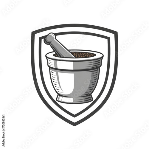 Authentic mortar and pestle emblem, perfect for natural remedies and herbal medicine branding, showcasing wellness and traditional practices