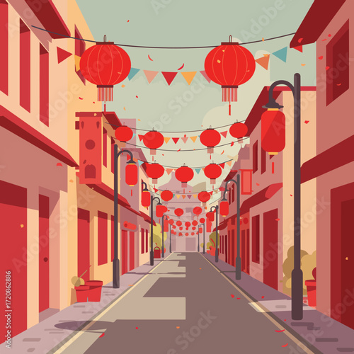 Vector Illustration of Street Scene with Red Lanterns and Bunting in Asian Festival Style
