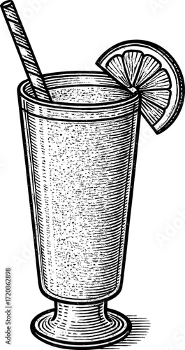 Engraved style illustration of an orange smoothie in a glass with a straw and orange slice garnish on a white background.