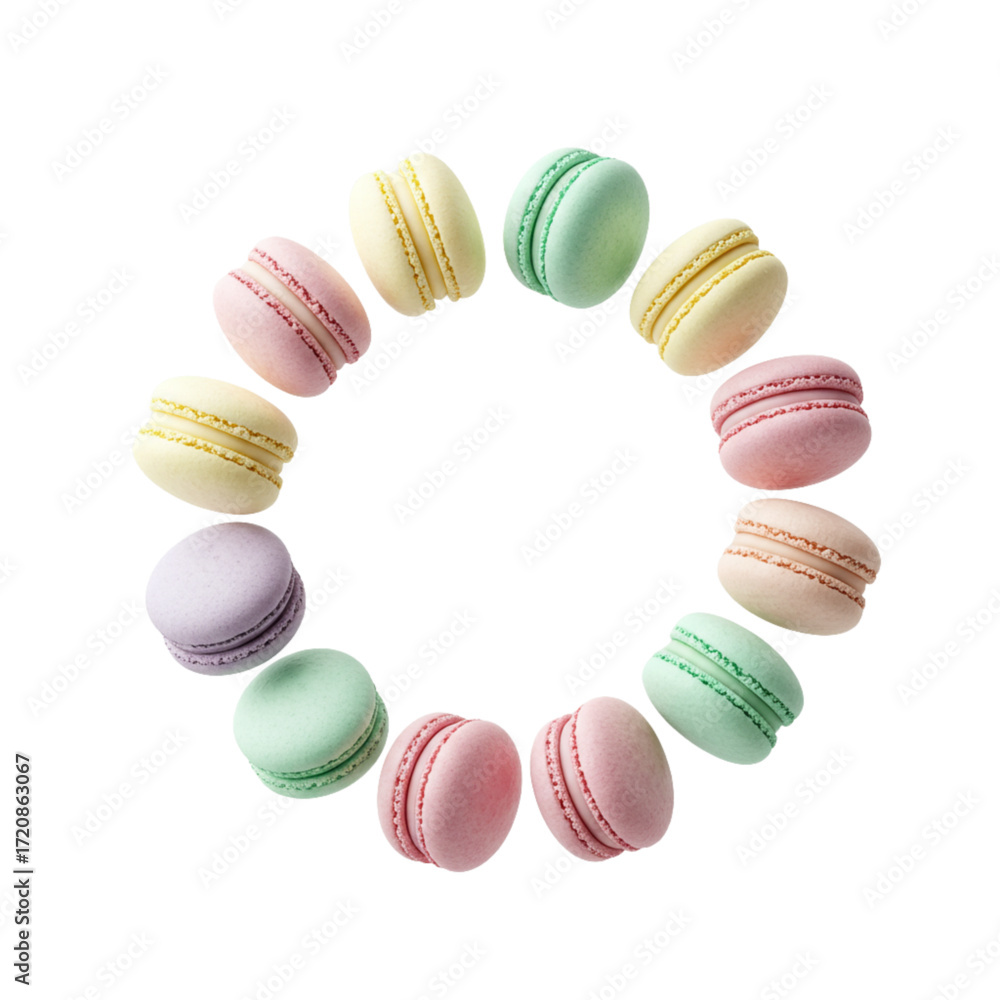 Obraz premium Delightful pastel macarons arranged in a circle, ideal for sweet treats and bakery promotions, perfect for culinary designs and vibrant dessert themes