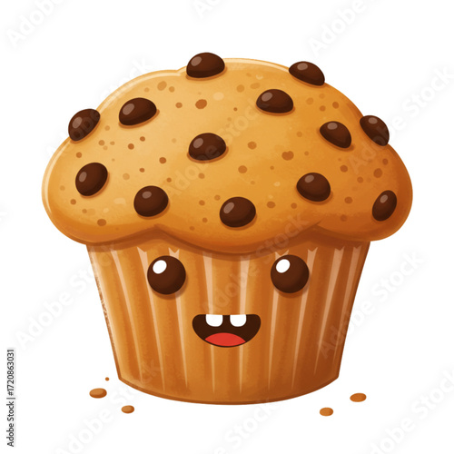 Delightful chocolate chip muffin with a happy face, perfect for kids' menus, baking blogs, and cheerful breakfast promotions with sweet indulgence