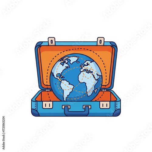 Explore the world with a stylish suitcase ready for adventure, plan your next trip, globe and dotted travel routes, adventure awaits