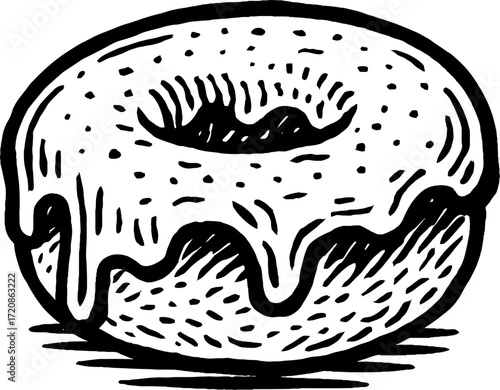 A black and white line art illustration of a donut with white frosting and sprinkles. The donut is simple and graphic, perfect for designs.