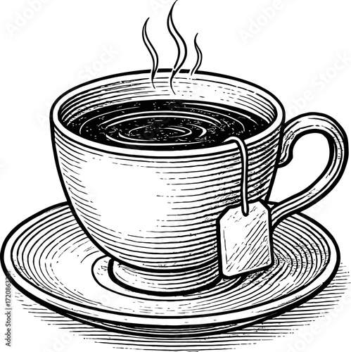 Detailed illustration of a cup of hot black tea with steam rising. Features a white cup and saucer with a tea bag, rendered in a vintage engraving style.