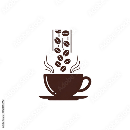 Freshly brewed coffee concept featuring falling coffee beans and steaming cup, ideal for coffee shop menus and branding related to coffee culture