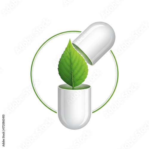Natural medicine concept showcasing a vibrant green leaf emerging from a capsule, symbolizing organic health and wellness, originally vector graphics