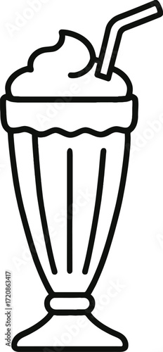 A minimalist black and white outline illustration of a milkshake. It features a tall glass filled with a creamy drink and a straw, rendered in a clean, simple design.