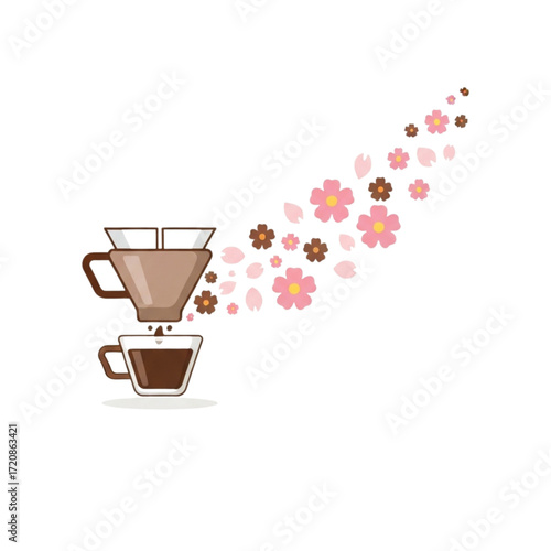 Pour-over coffee brewing amidst delicate cherry blossoms, perfect for spring menus, coffee shop designs, and creating a calming, aesthetic vibe
