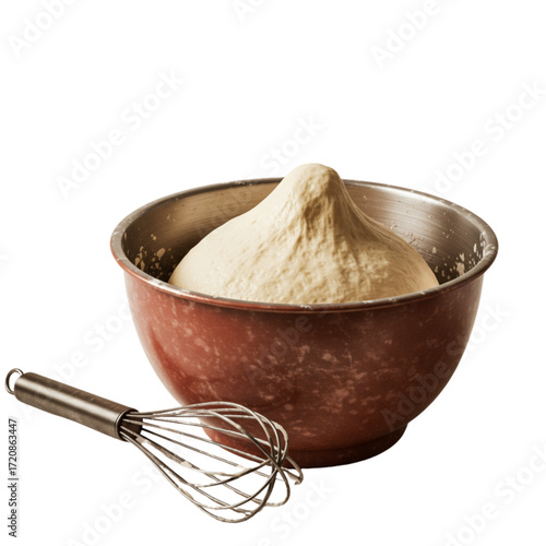 Rising dough in a bowl with a whisk, ready for baking artisan bread, pizza, or pastry in your home kitchen or bakery, a culinary delight