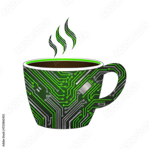Sipping innovation with circuit board coffee mug, energizing tech startups and modern digital workspaces with fresh creative ideas, a smart caffeine boost