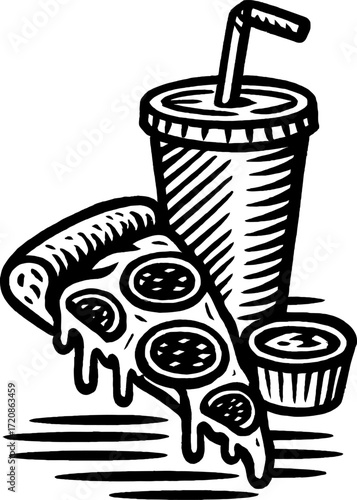 A monochromatic illustration features a dripping pizza slice beside a soda cup with a straw and dipping sauce, rendered in a detailed, artistic style.