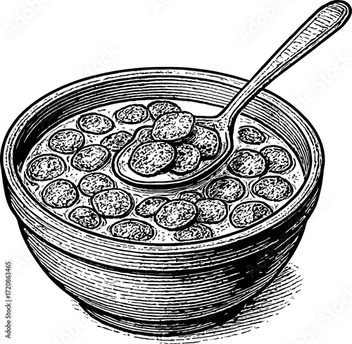 Monochromatic Illustration of Wooden Bowl Filled with Meatballs and Spoon