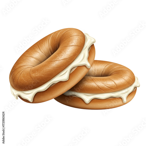 Two delicious bagels with creamy cheese, perfect for a tasty breakfast or brunch treat that will make your mouth water, grab yours now!