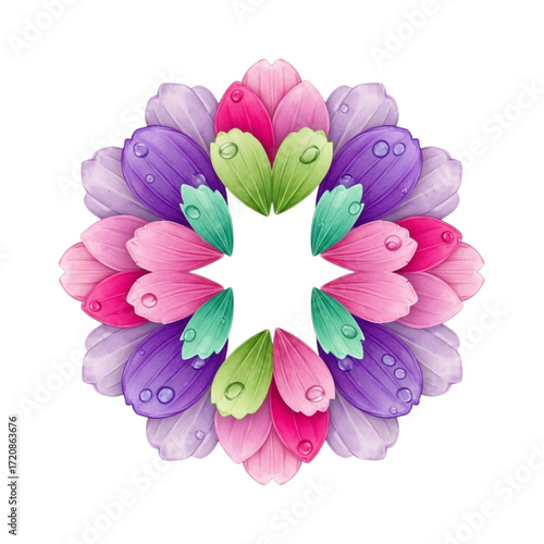 Whimsical floral mandala with vibrant petals and glistening droplets, perfect for springtime designs and uplifting projects, originally scalable vector art