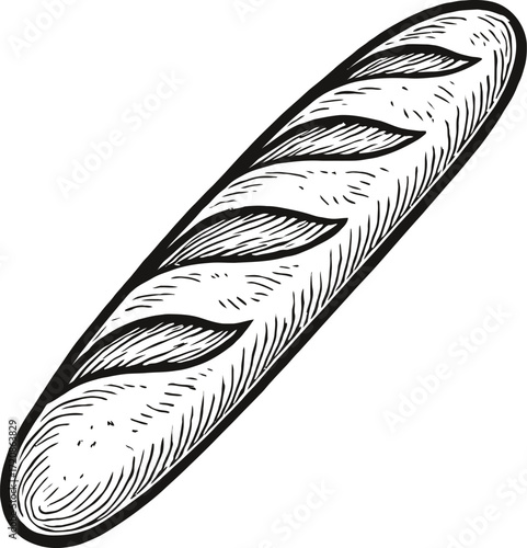 A monochrome hand drawn style baguette isolated on a white background, showcasing its simple yet elegant design. The vector illustration is a minimalist food element.