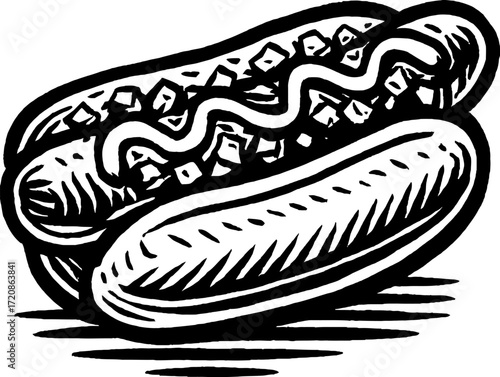 A monochrome illustration of a hotdog with mustard and diced onion toppings. The image features a clean, minimalist design perfect for culinary or graphic projects.
