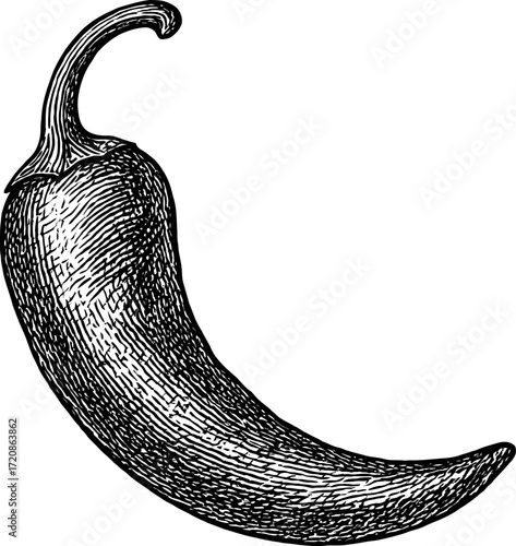 Detailed monochrome illustration of a curving chili pepper on a white background, showcasing its shape and texture. Ideal for culinary, botanical, or healthy eating content.