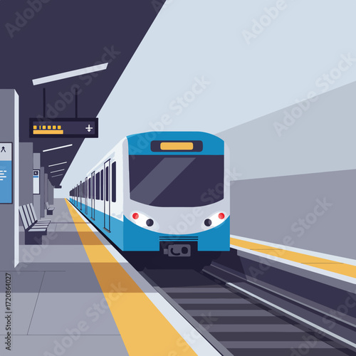 Modern Vector Illustration of Commuter Train in Subway Station with Blue and White Colors in Minimalist Style