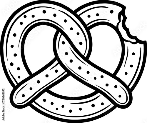 Monochrome illustration of a pretzel snack with a bite taken out of it. The design features a twisted bread shape with dotted patterns, set against a white background.