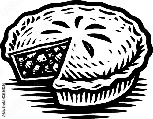 Monochrome woodcut illustration showcases a berry pie with a missing slice, detailing its crust, filling, and rustic charm in a vintage graphic design.