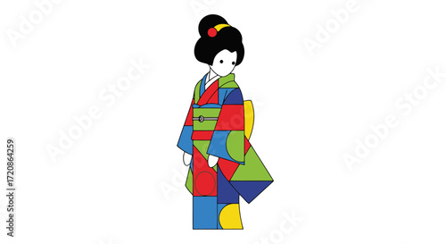 Artistic Depiction of a Traditional Japanese Geisha in a Colorful Kimono Illustration for cultural learning and educational materials and decorative purposes