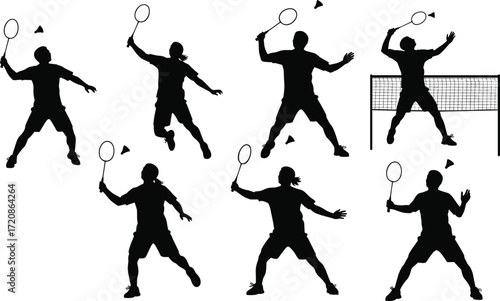 Badminton players silhouette vector, athletes hitting shuttlecock with racket, competitive match, court game, sports action, training exercise, fitness activity, net play