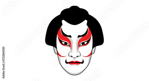 Striking Kabuki Face Illustration with Bold Red and Black Makeup for Cultural Performances and Traditional Japanese Art Projects